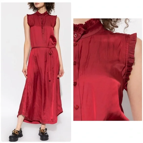 Zadig & Voltaire Feminine Lightweight Raos Satin Ruffle Midi Dress In Wine XS - Picture 4 of 16
